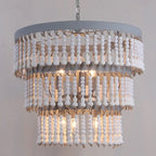 Lampadario a 3 livelli con perline in legno bianco e design elegante