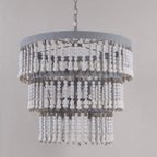 Lampadario a 3 livelli con perline in legno bianco e design elegante