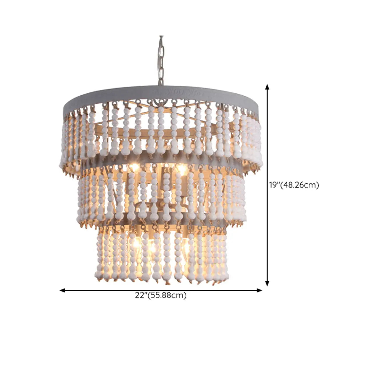 Lampadario a 3 livelli con perline in legno bianco e design elegante