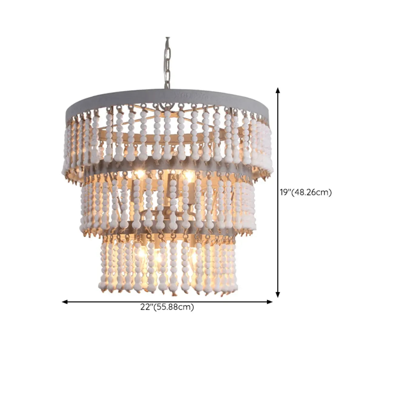 Lampadario a 3 livelli con perline in legno bianco e design elegante
