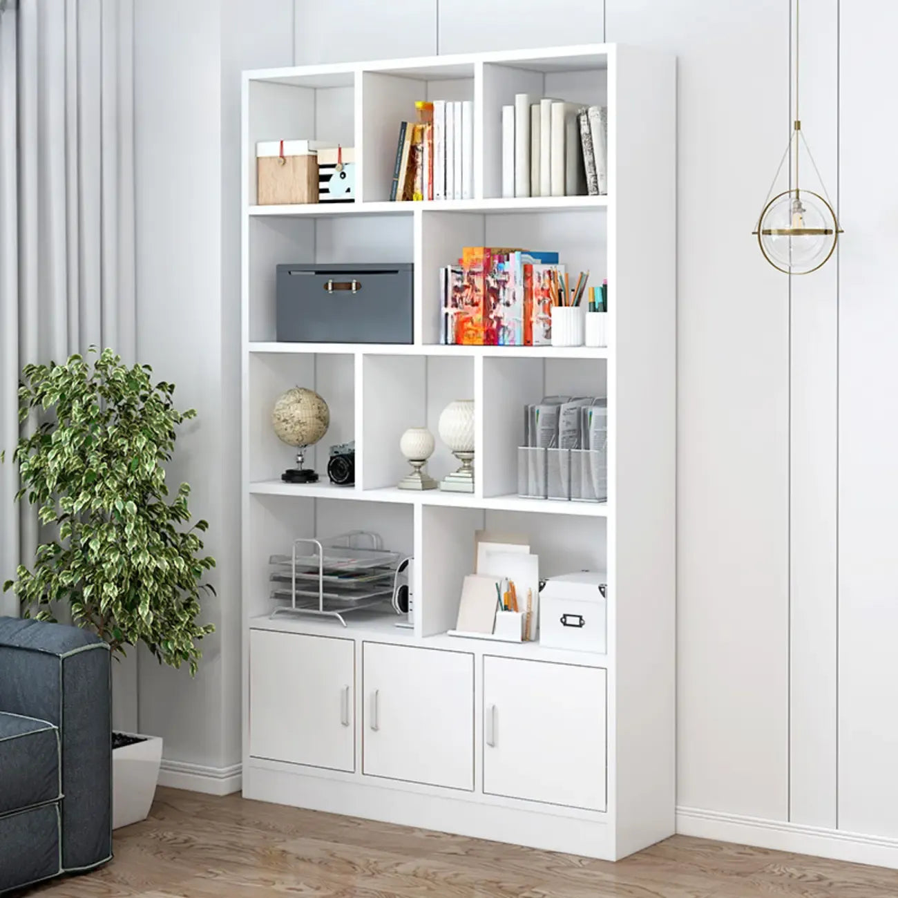 Bibliothèque en bois robuste à 5 niveaux avec armoire pour la maison