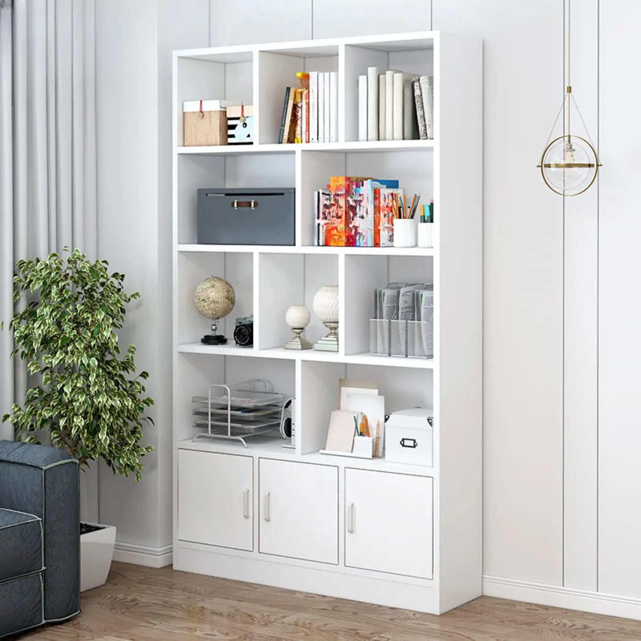Bibliothèque en bois robuste à 5 niveaux avec armoire pour la maison