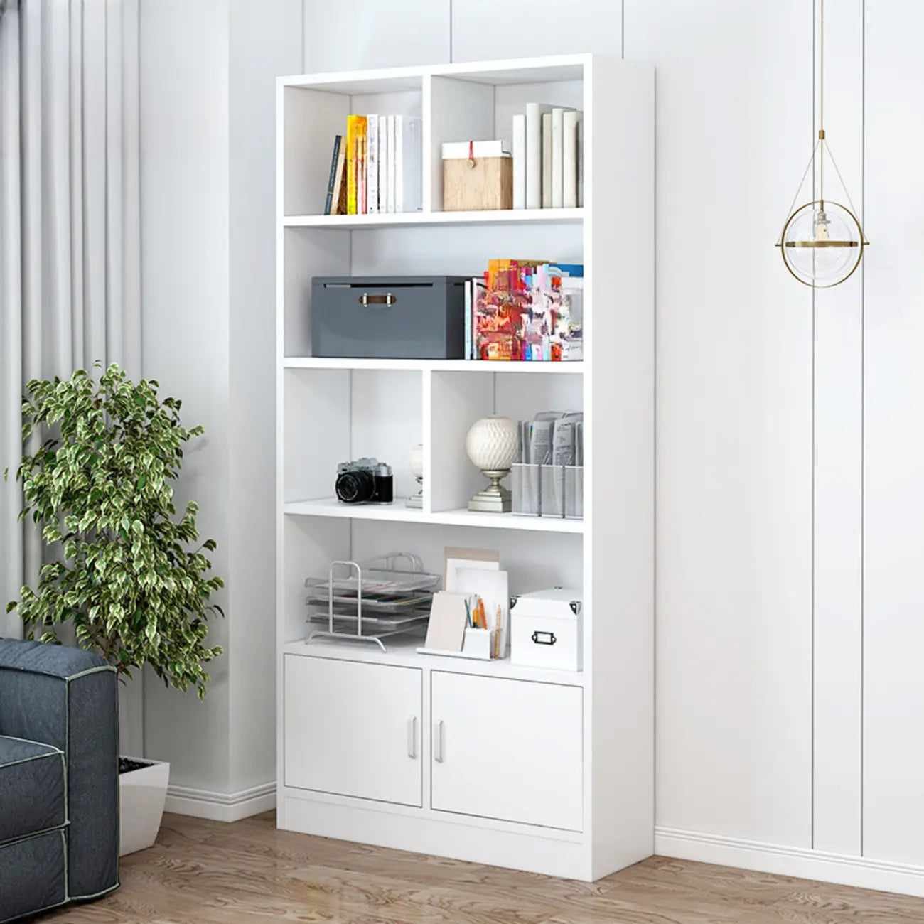 Bibliothèque en bois robuste à 5 niveaux avec armoire pour la maison