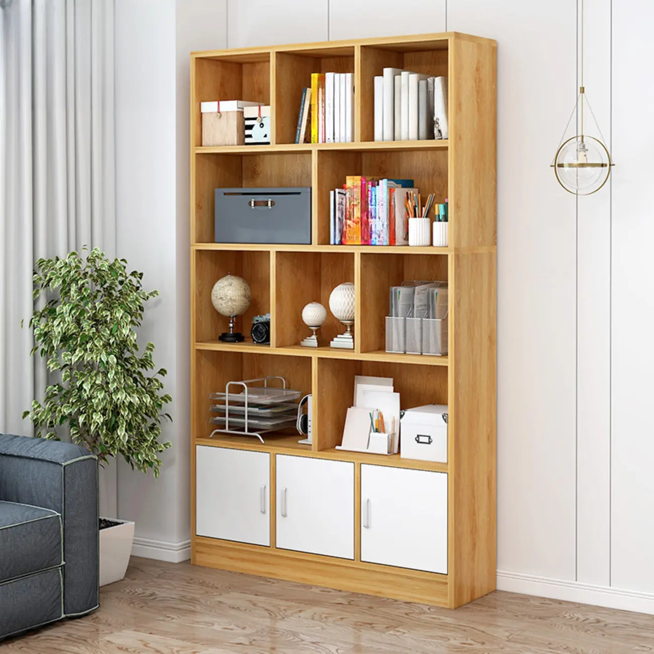 Bibliothèque en bois robuste à 5 niveaux avec armoire pour la maison