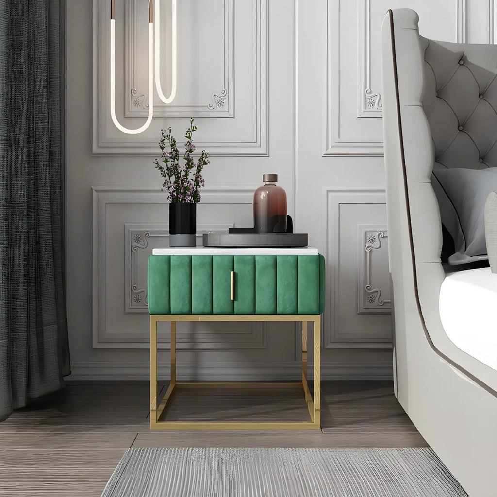 Table de chevet glamour en marbre véritable avec tiroirs et piètement en métal