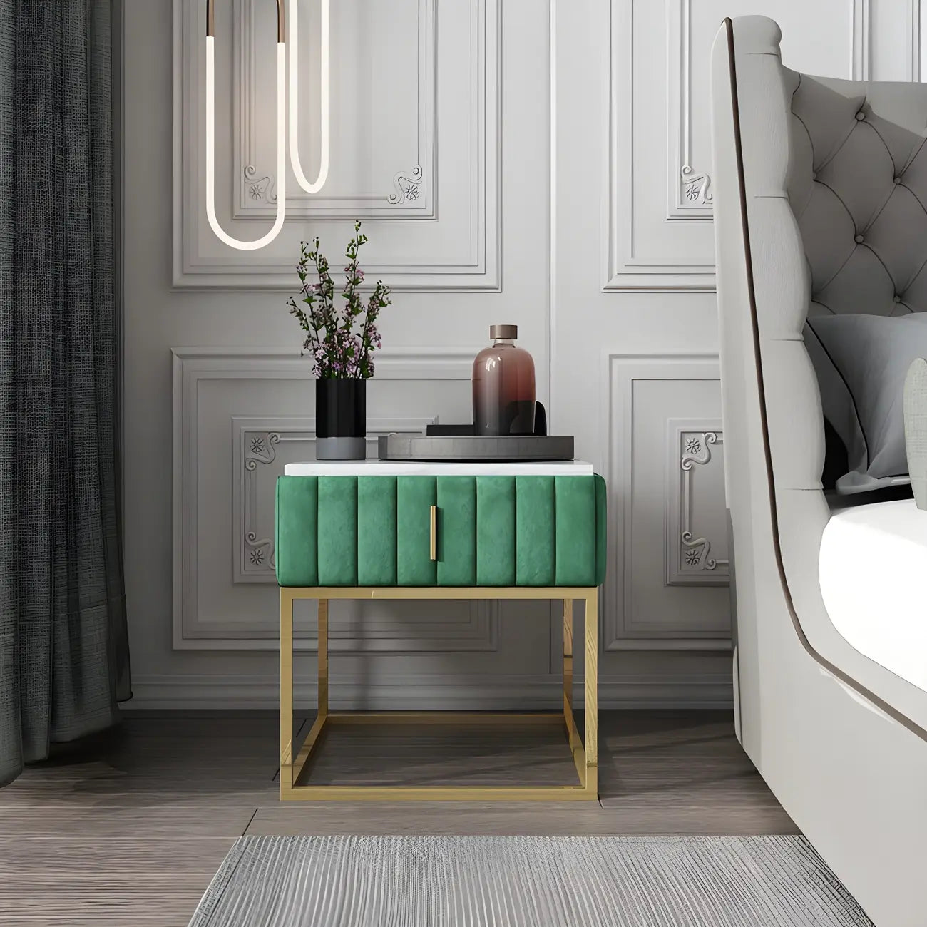 Table de chevet glamour en marbre véritable avec tiroirs et piètement en métal