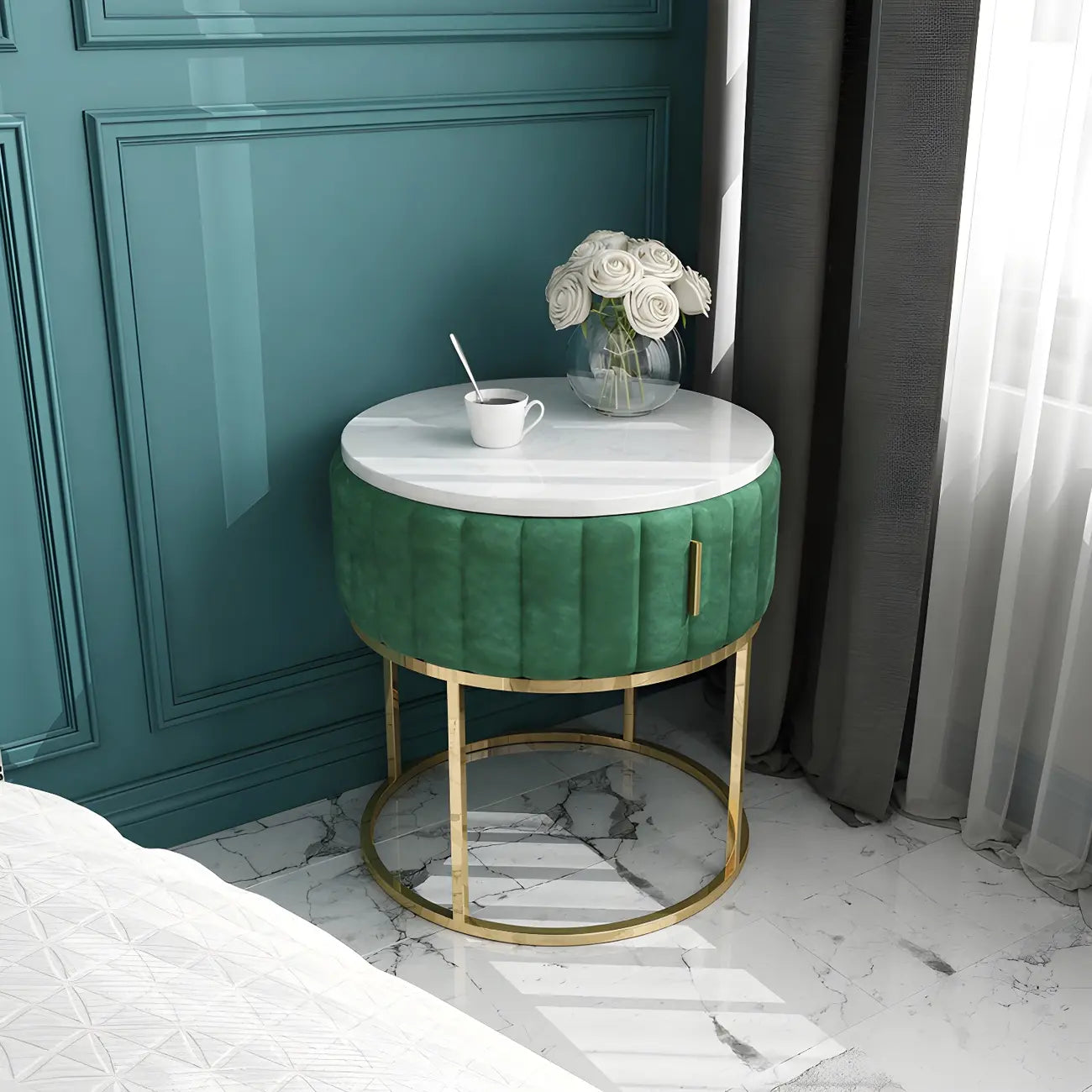 Table de chevet glamour en marbre véritable avec tiroirs et piètement en métal