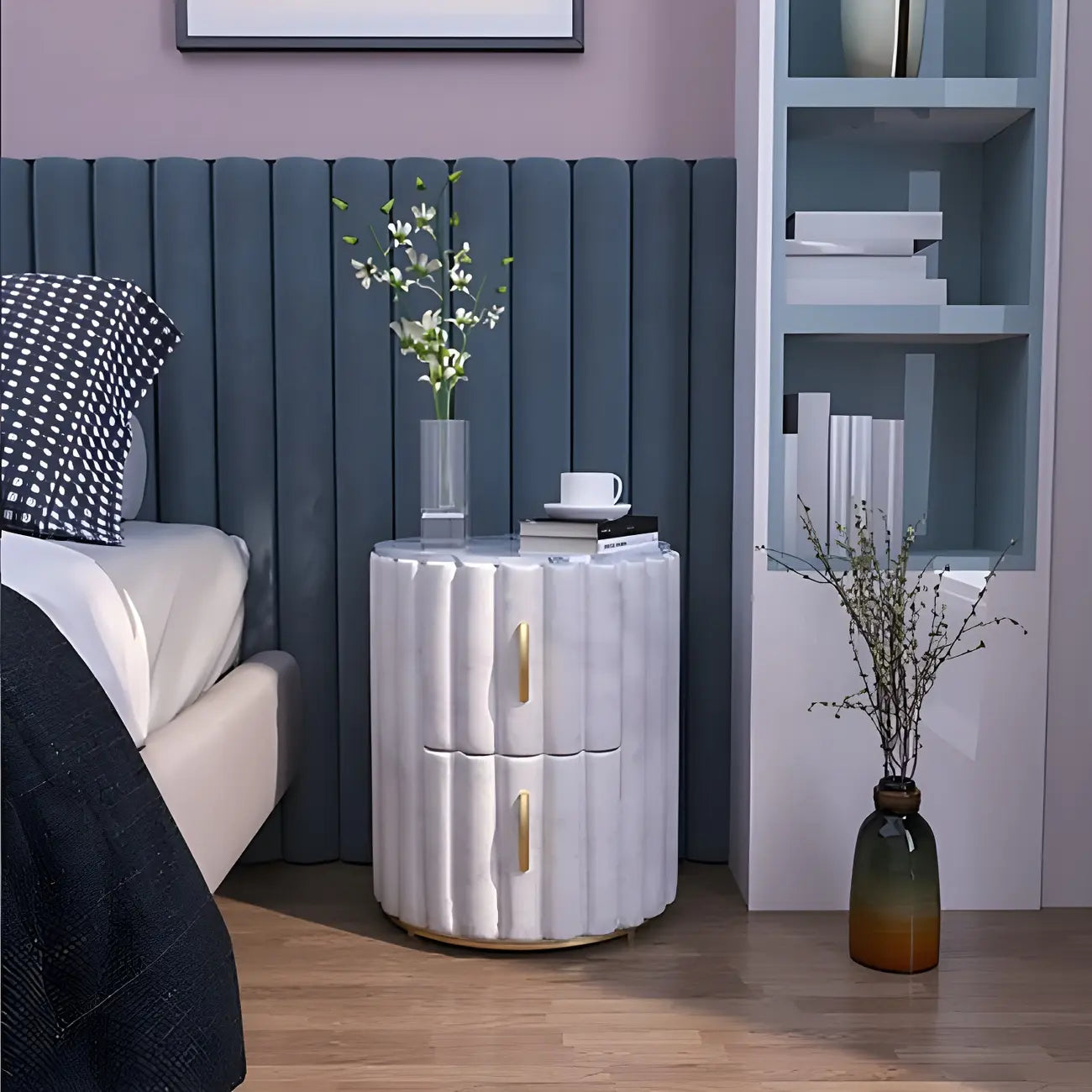 Table de chevet glamour en marbre véritable avec tiroirs et piètement en métal