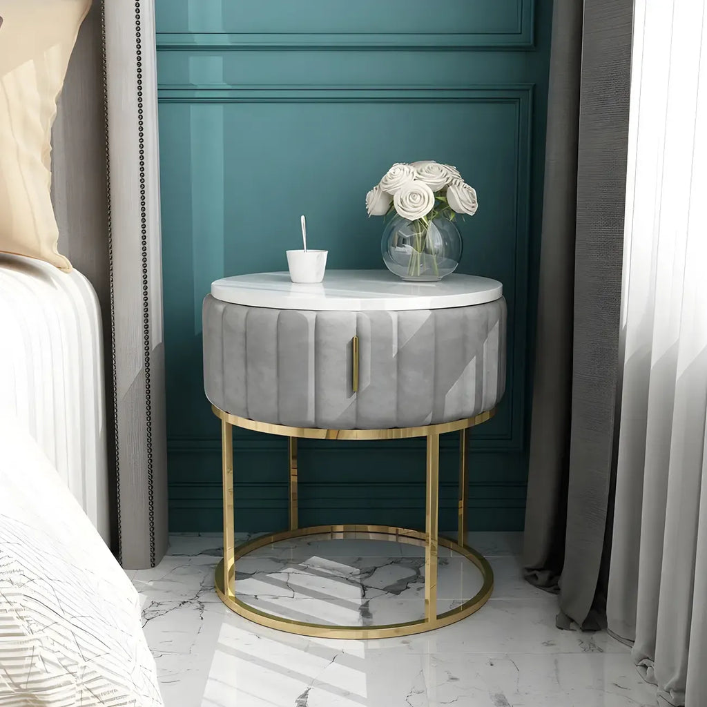 Table de chevet glamour en marbre véritable avec tiroirs et piètement en métal