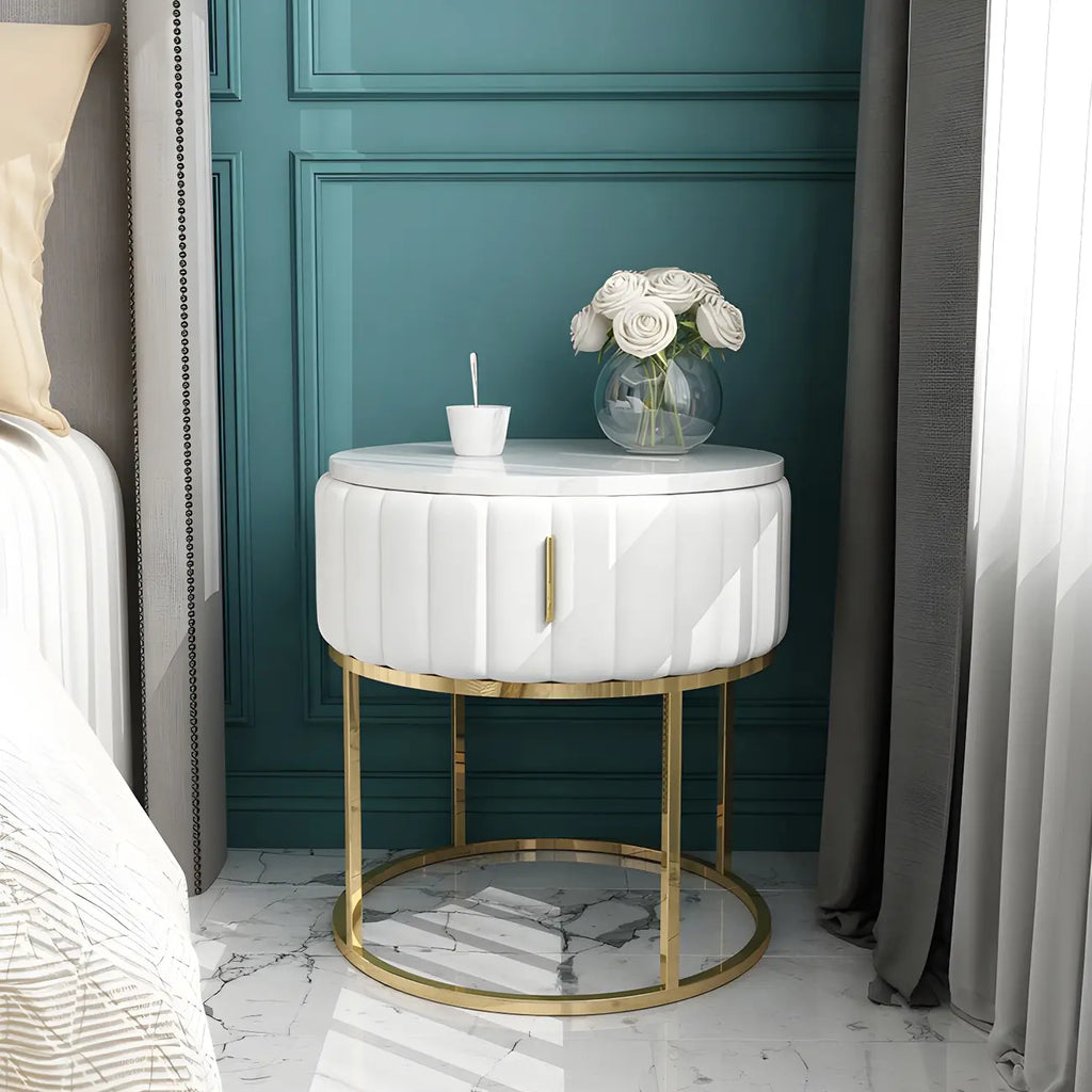 Table de chevet glamour en marbre véritable avec tiroirs et piètement en métal