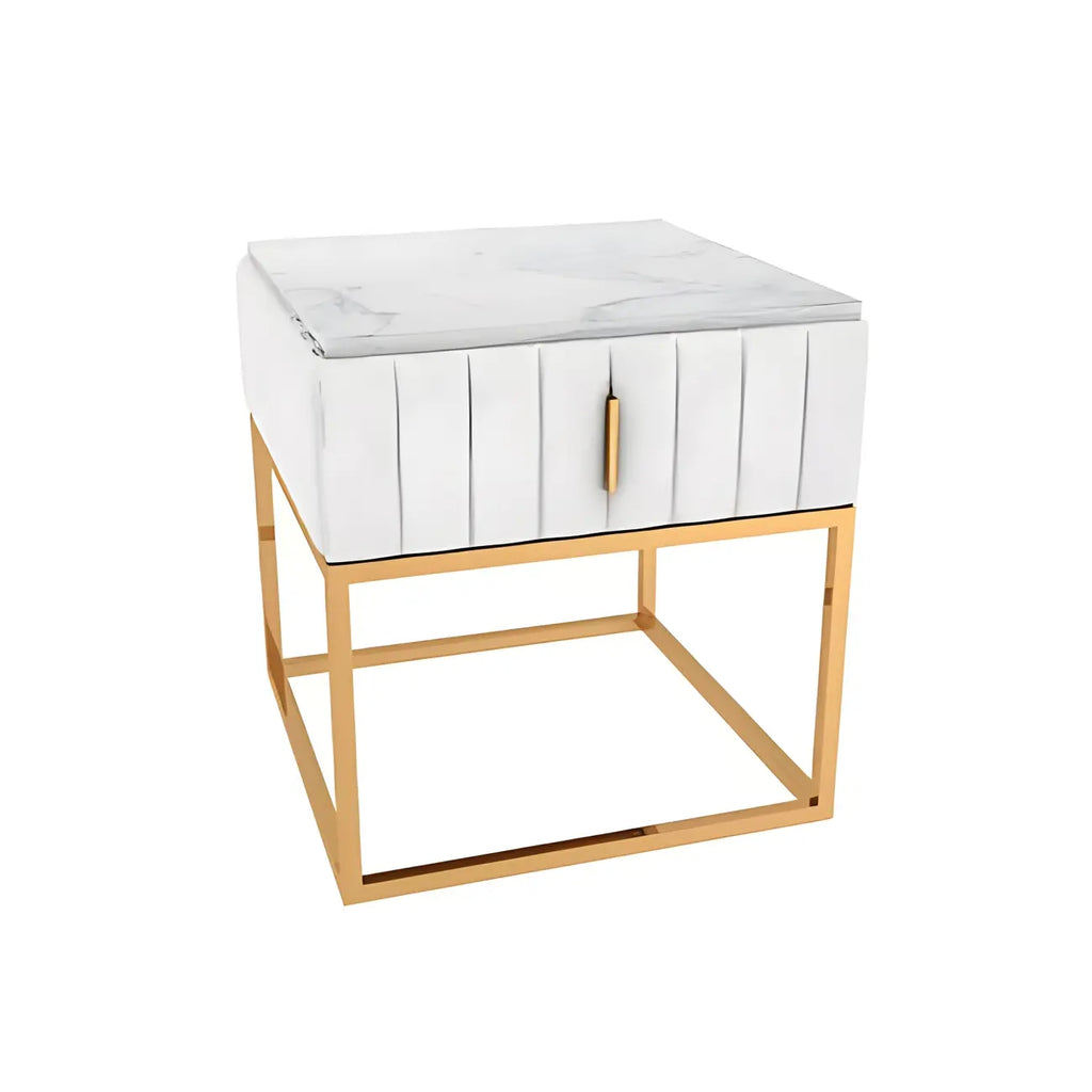 Table de chevet glamour en marbre véritable avec tiroirs et piètement en métal