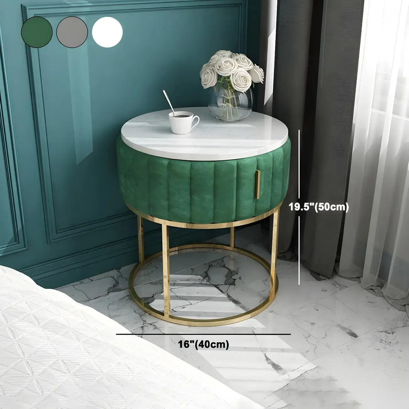 Table de chevet glamour en marbre véritable avec tiroirs et piètement en métal