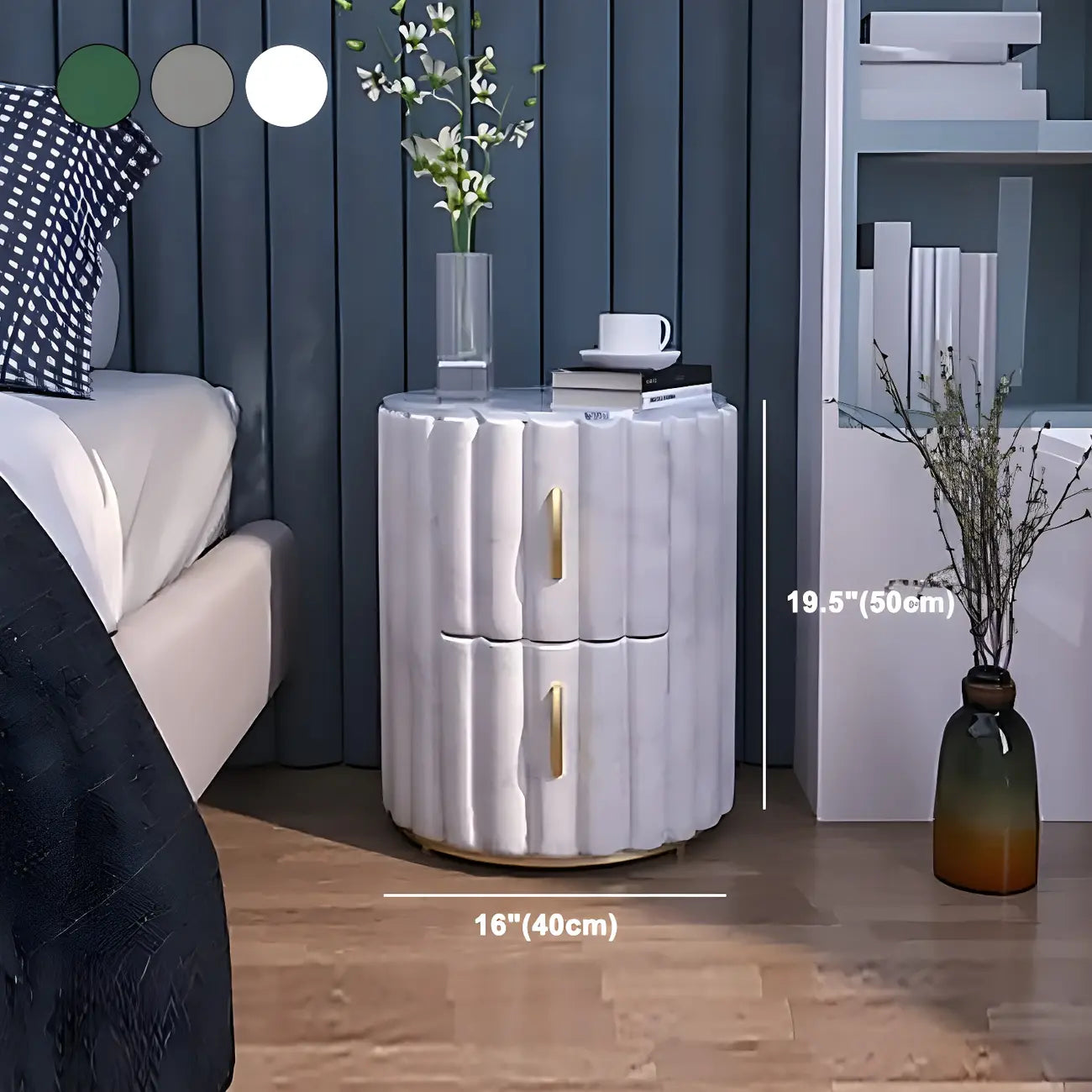Table de chevet glamour en marbre véritable avec tiroirs et piètement en métal