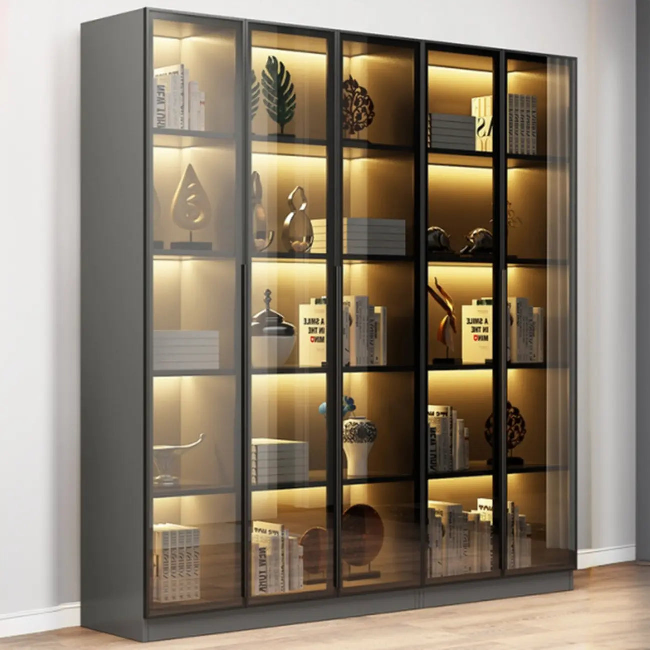 Bibliothèque élégante en verre avec éclairage LED pour bureau