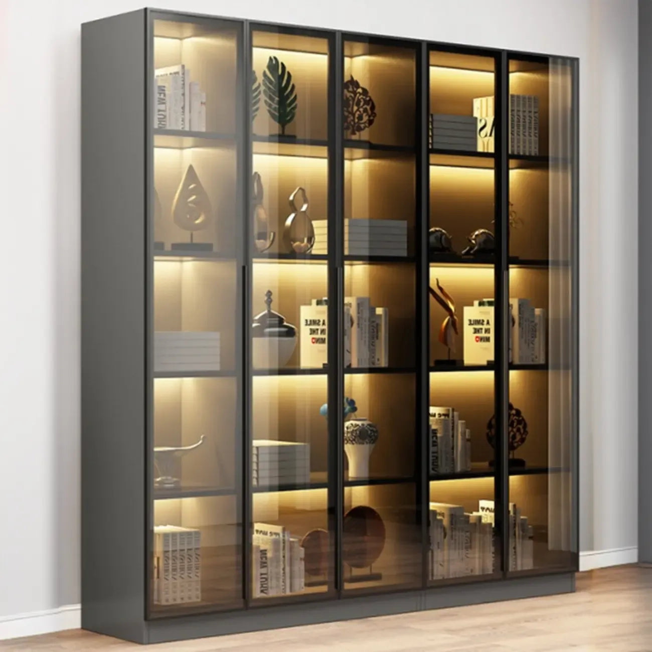 Bibliothèque élégante en verre avec éclairage LED pour bureau