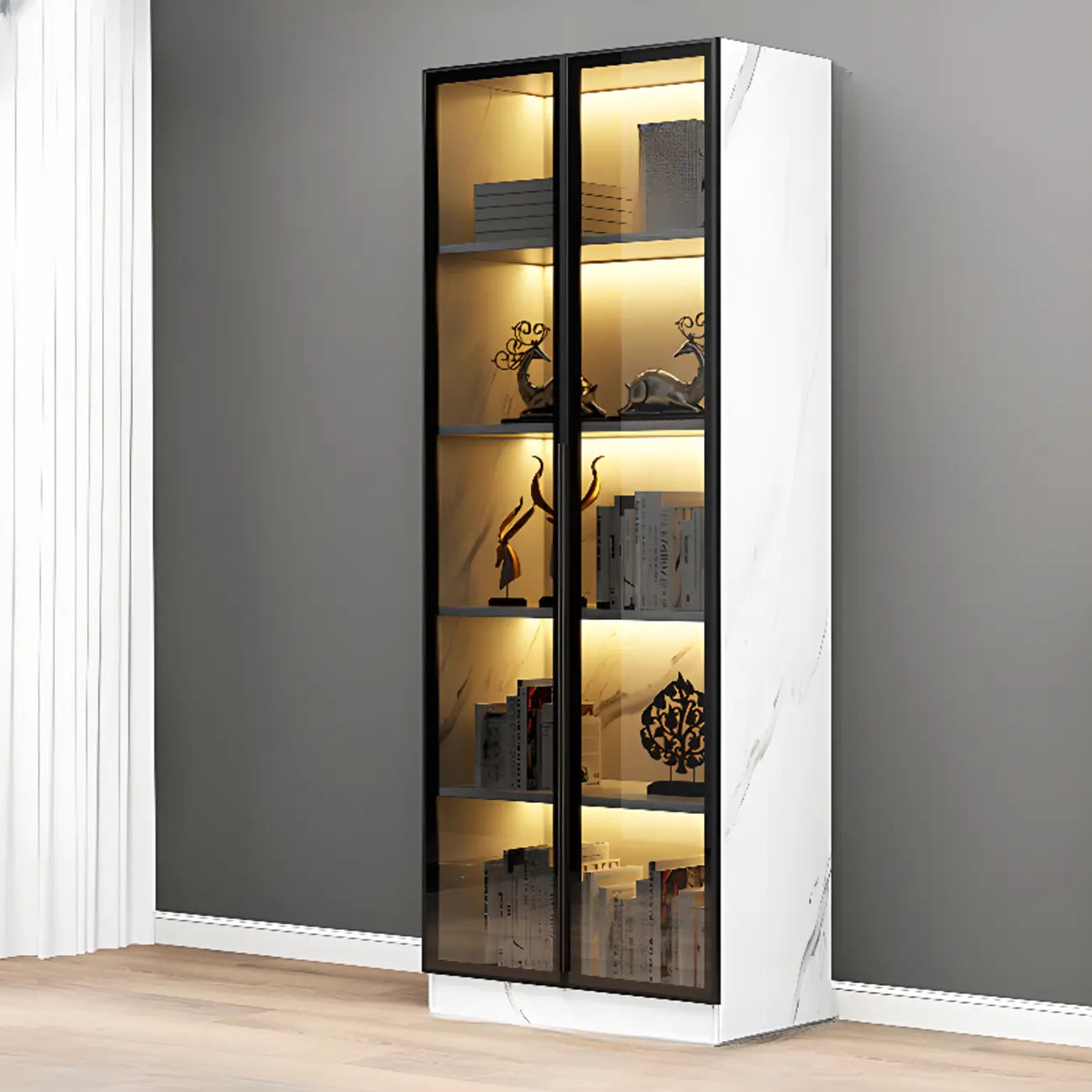Bibliothèque élégante en verre avec éclairage LED pour bureau