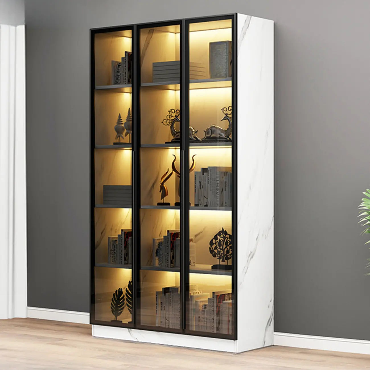 Bibliothèque élégante en verre avec éclairage LED pour bureau