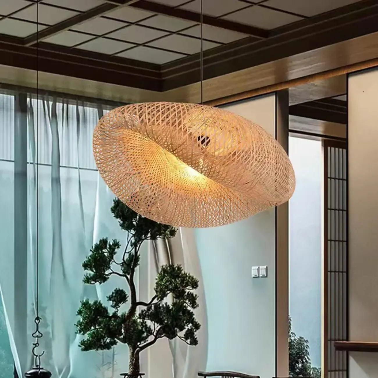 Suspension réglable en rotin et bambou de style oriental