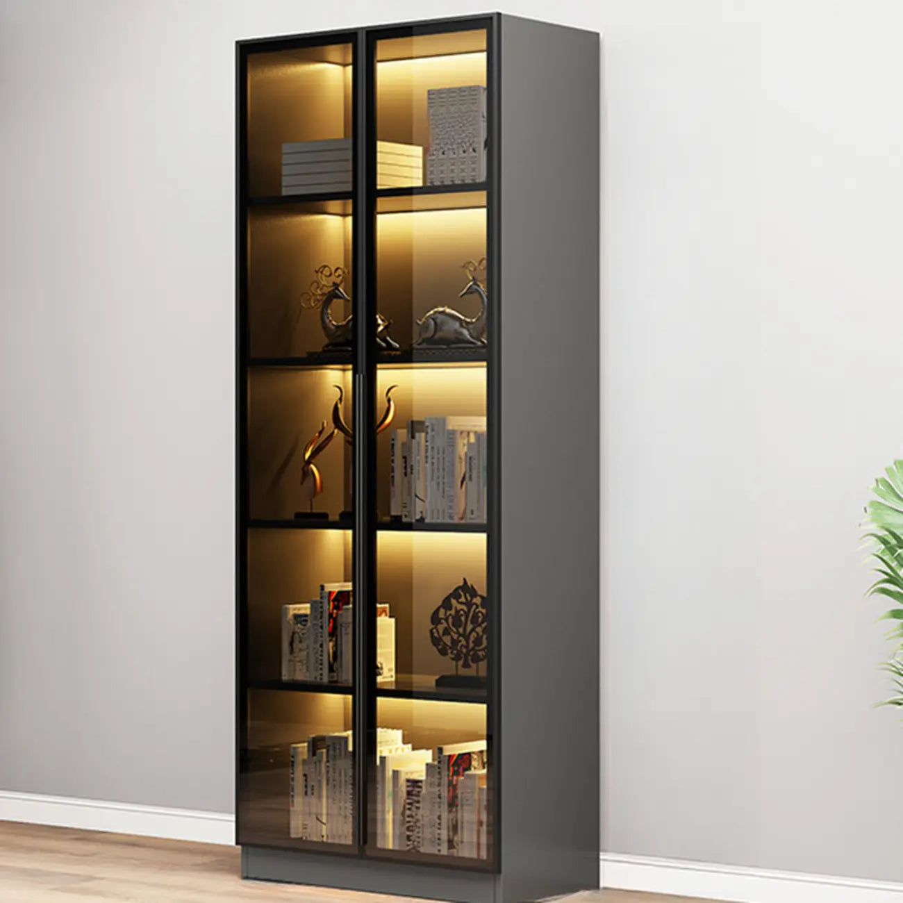 Bibliothèque élégante en verre avec éclairage LED pour bureau