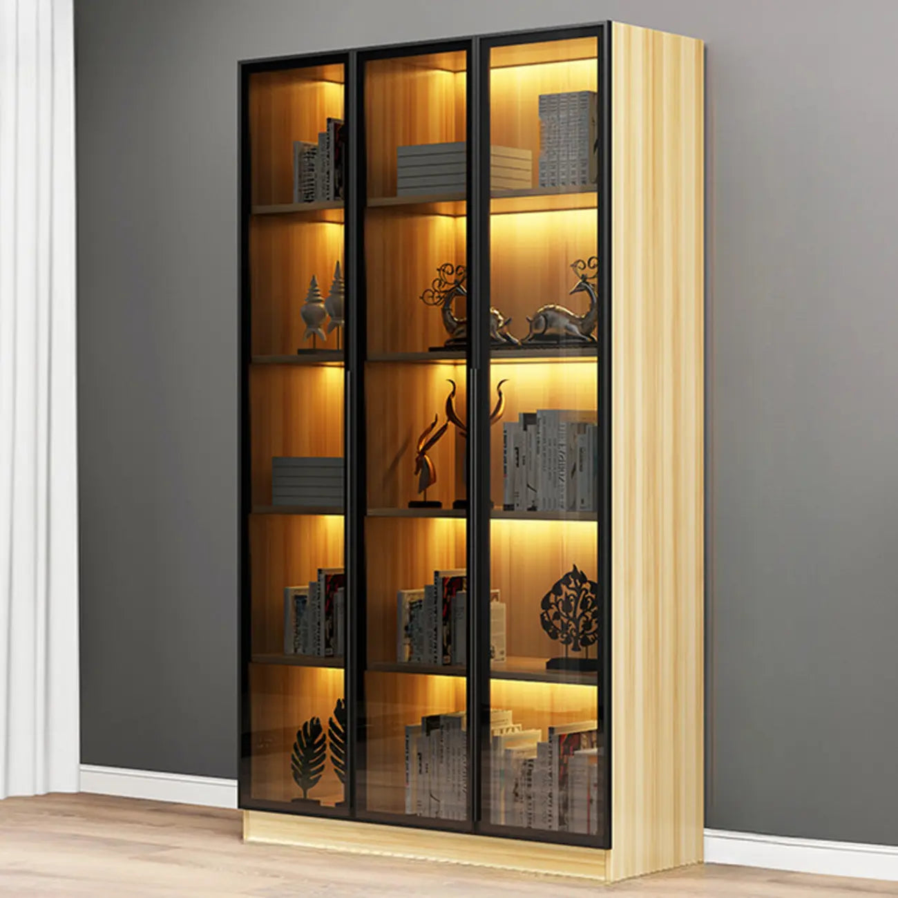 Bibliothèque élégante en verre avec éclairage LED pour bureau