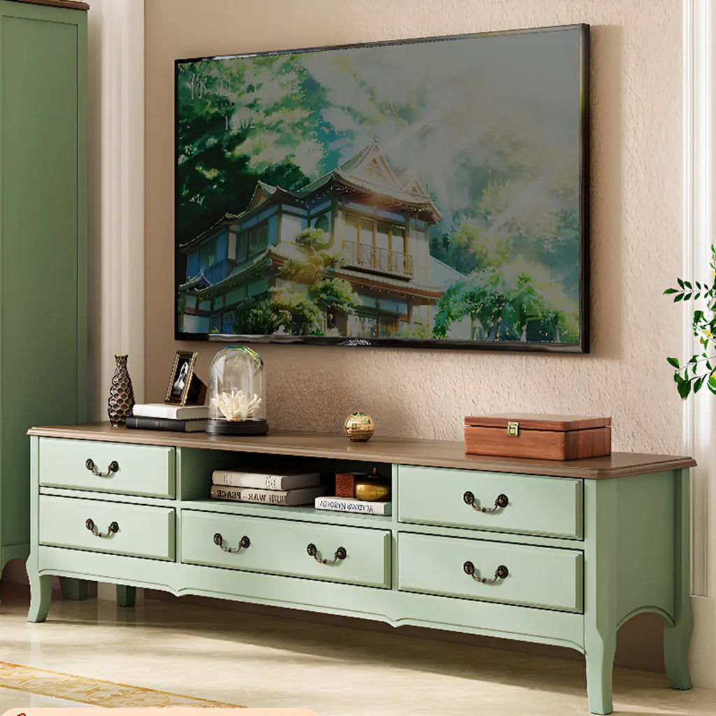 Meuble TV moderne en bois vert avec gestion des câbles et 5 tiroirs