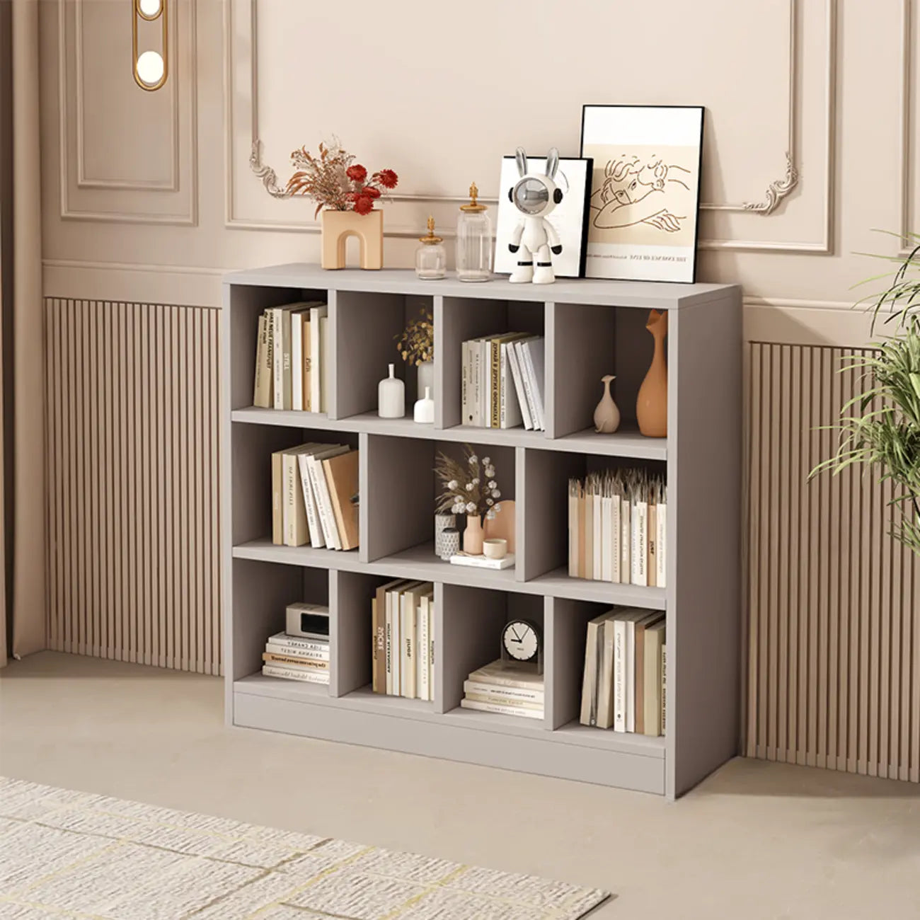 Bibliothèque de bureau horizontale moderne en bois gris avec étagères