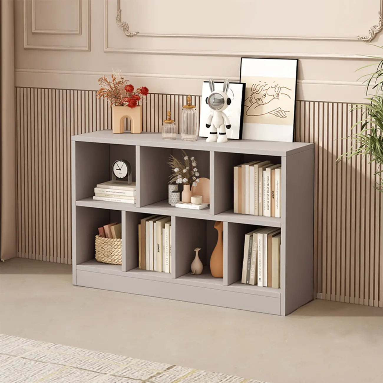 Bibliothèque de bureau horizontale moderne en bois gris avec étagères