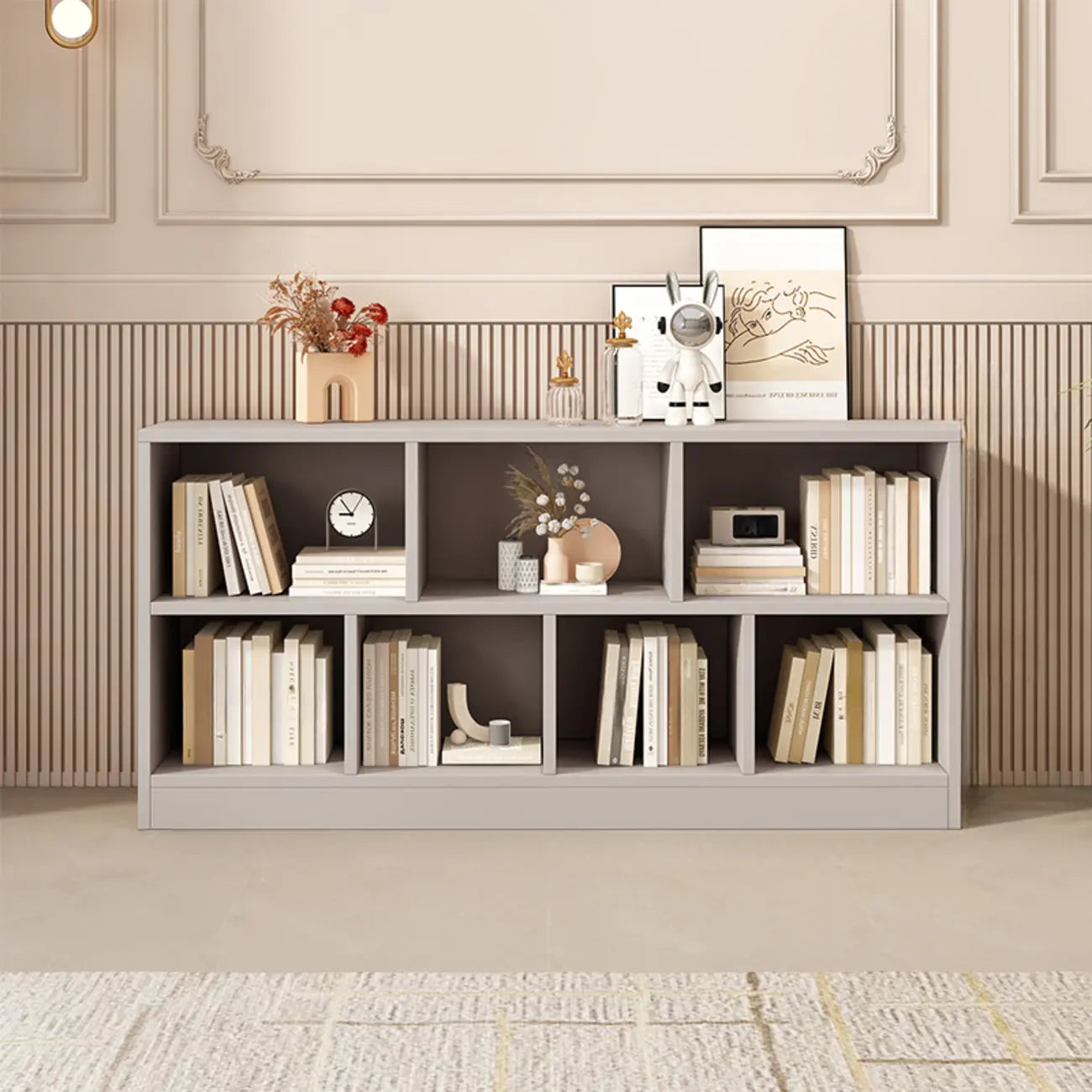 Bibliothèque de bureau horizontale moderne en bois gris avec étagères