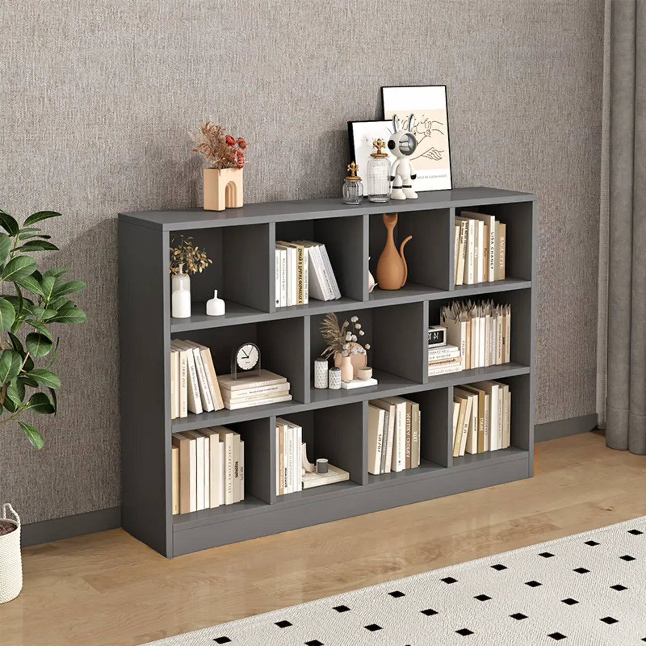 Bibliothèque de bureau horizontale moderne en bois gris avec étagères