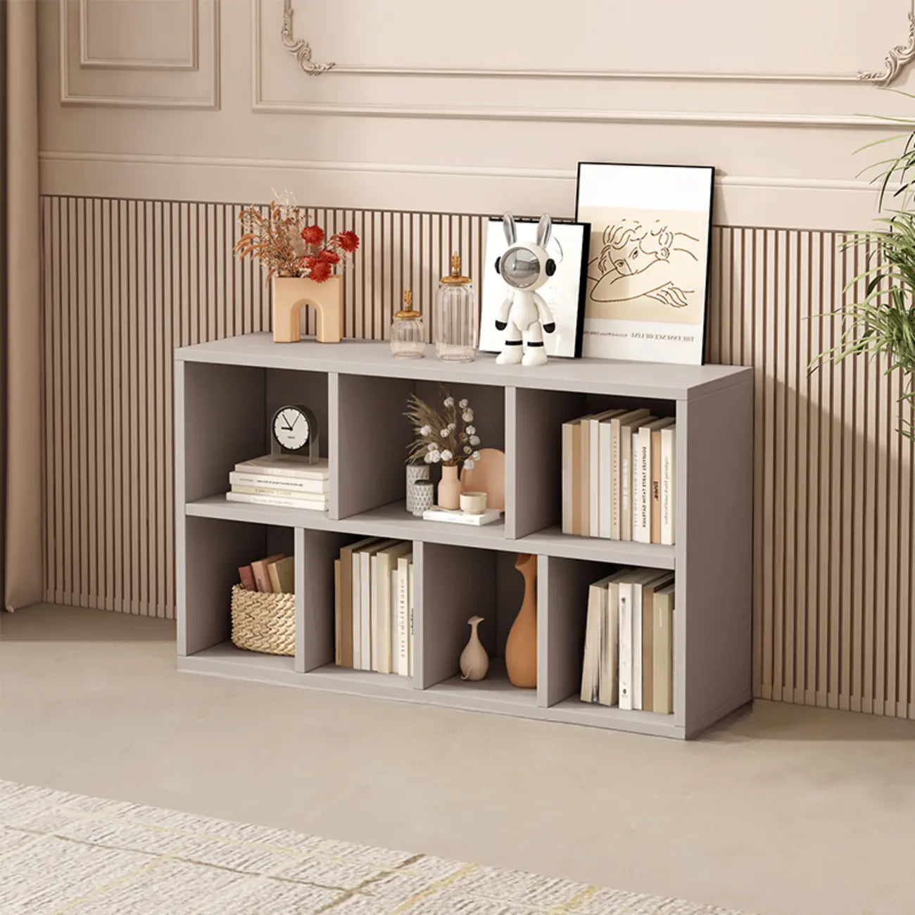 Bibliothèque de bureau horizontale moderne en bois gris avec étagères