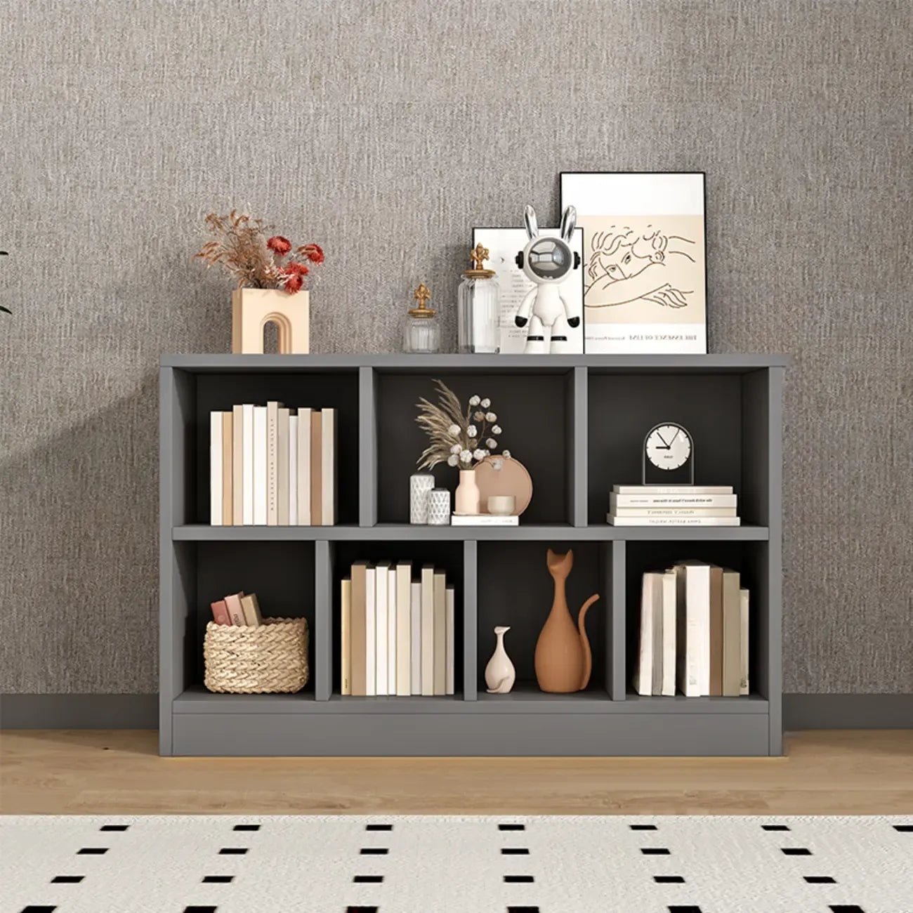 Bibliothèque de bureau horizontale moderne en bois gris avec étagères
