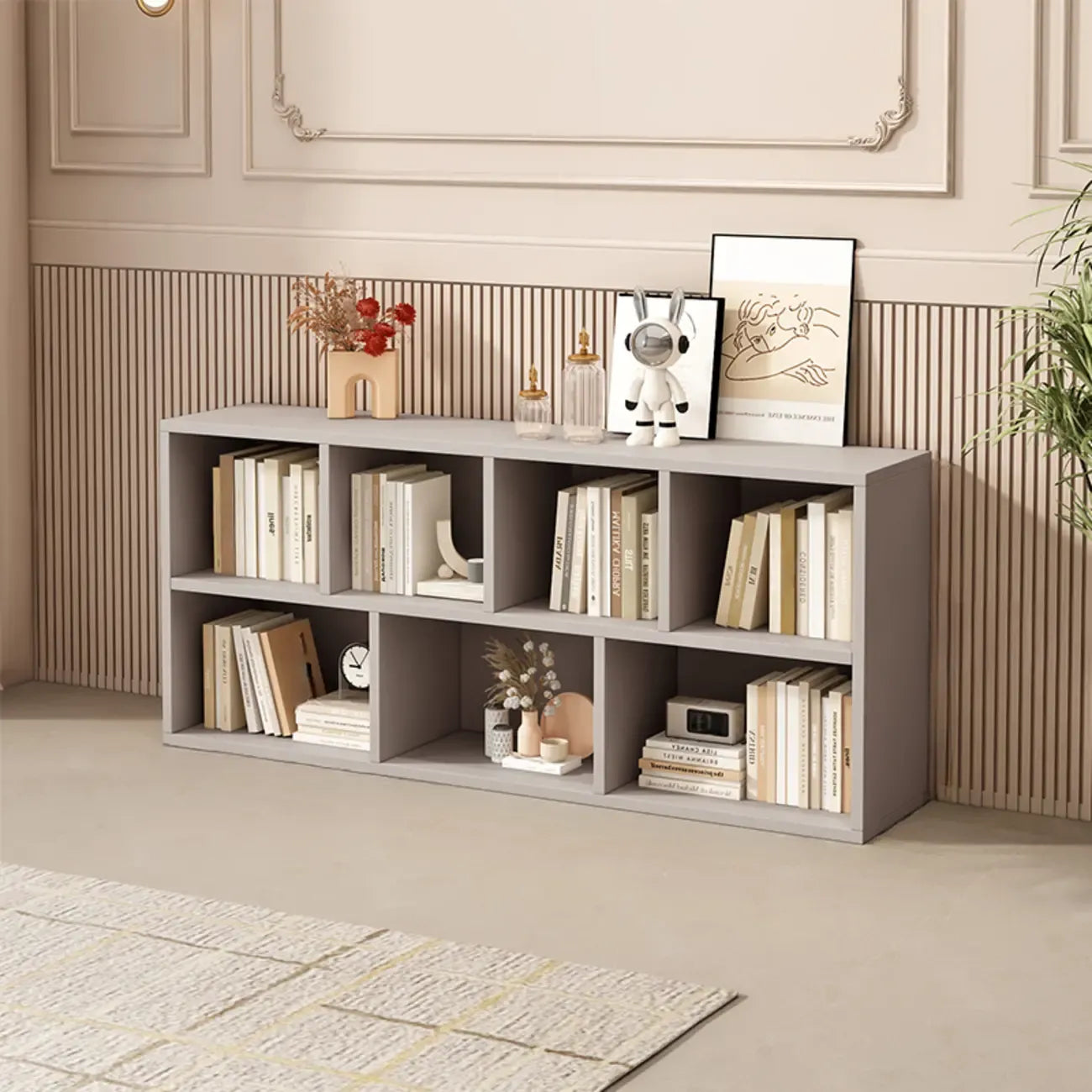 Bibliothèque de bureau horizontale moderne en bois gris avec étagères