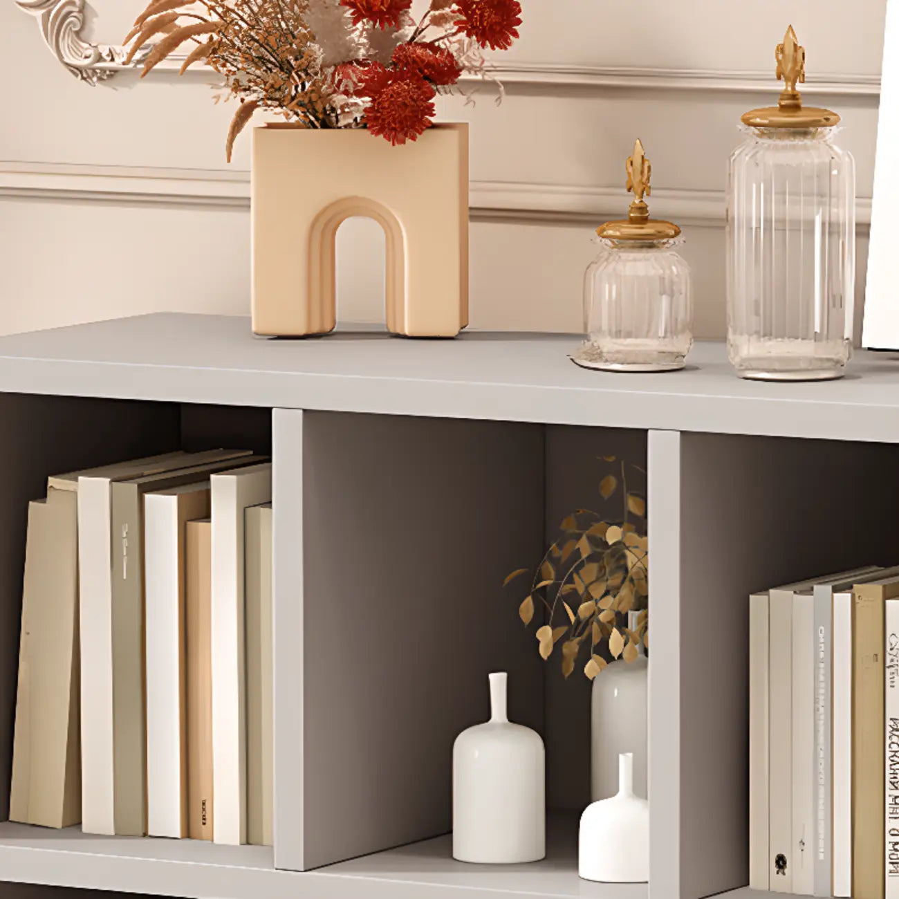 Bibliothèque de bureau horizontale moderne en bois gris avec étagères