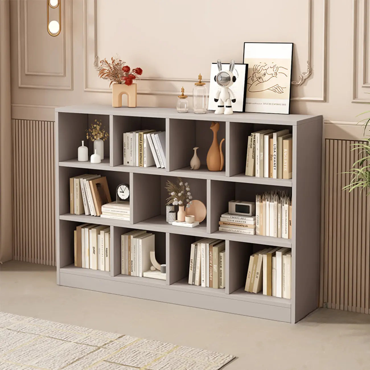 Bibliothèque de bureau horizontale moderne en bois gris avec étagères