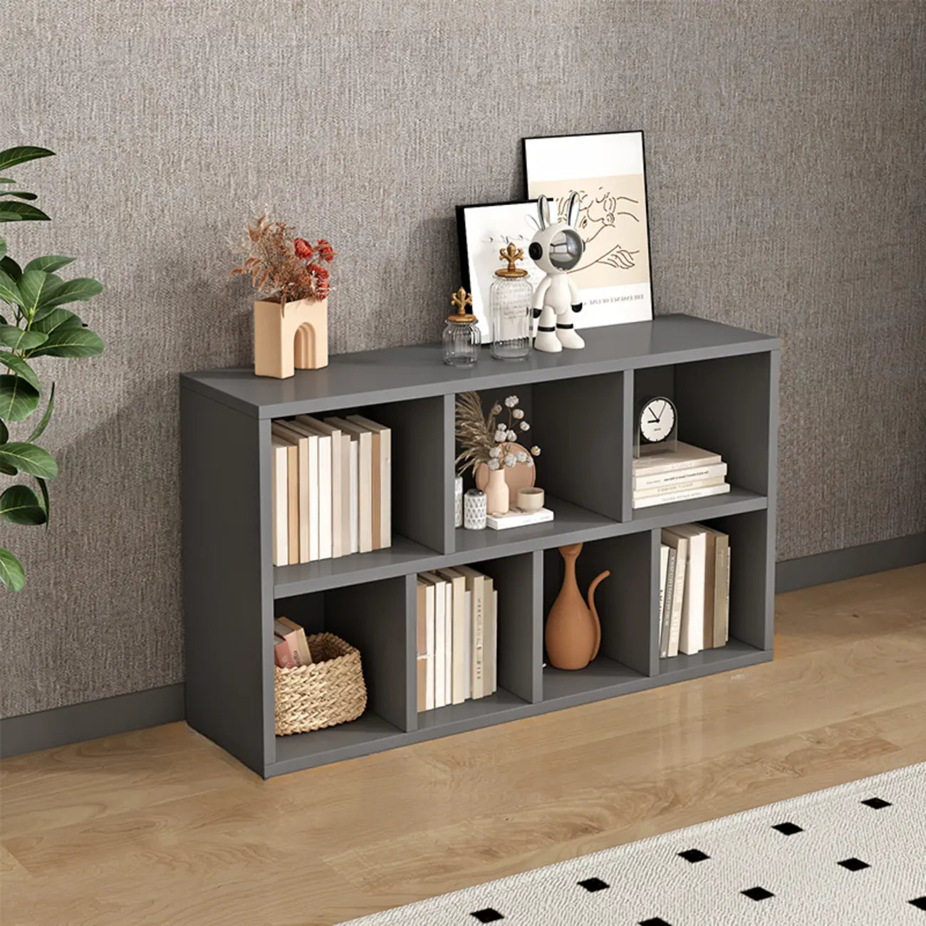 Bibliothèque de bureau horizontale moderne en bois gris avec étagères