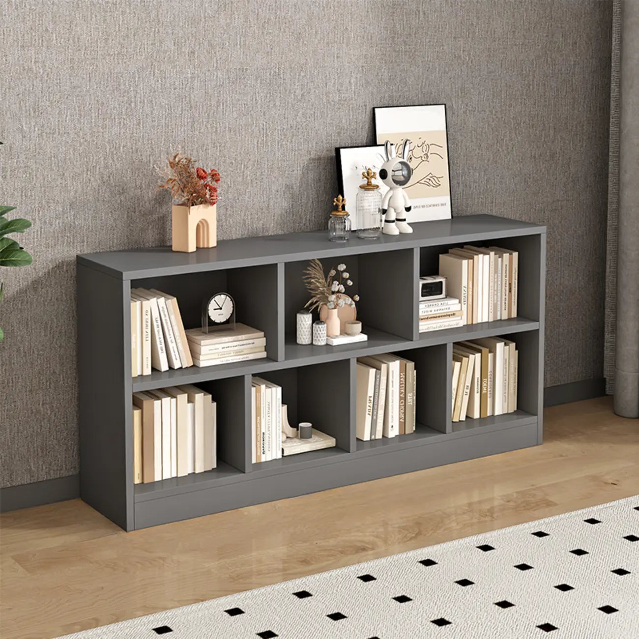 Bibliothèque de bureau horizontale moderne en bois gris avec étagères