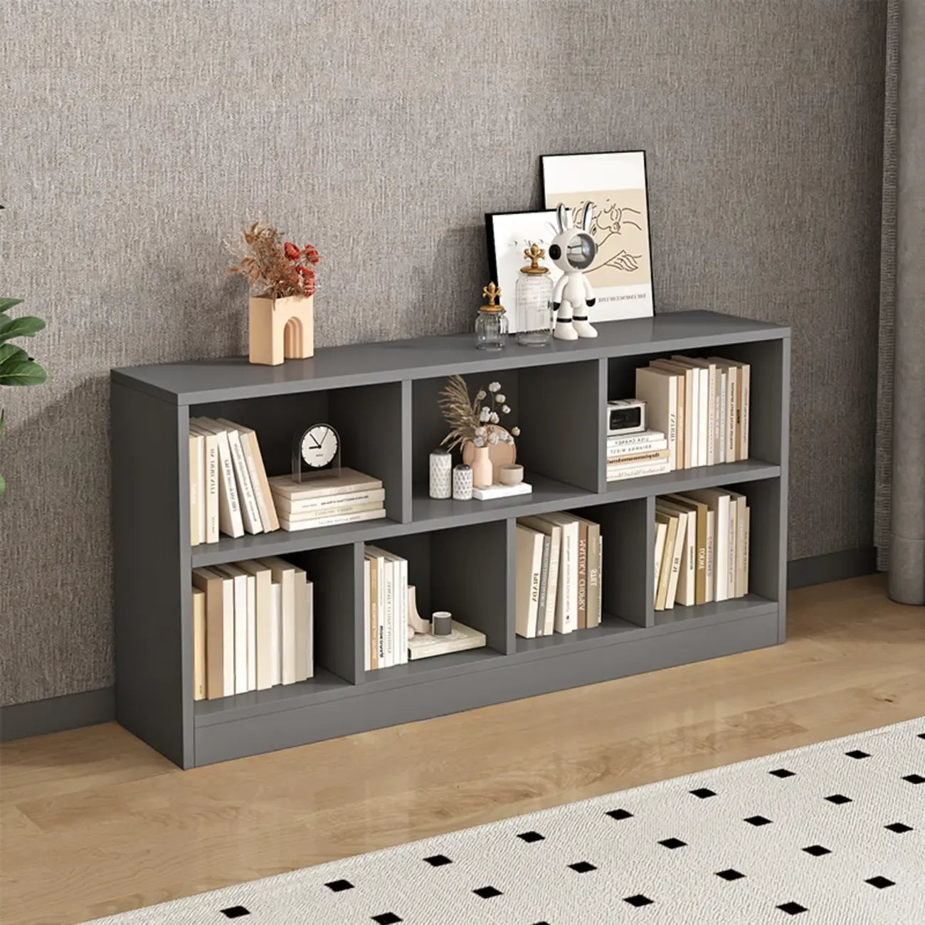 Bibliothèque de bureau horizontale moderne en bois gris avec étagères