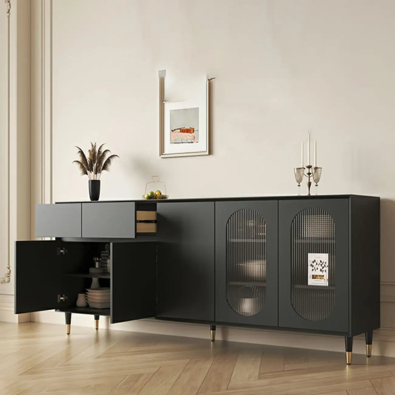 Madia in legno 16W Glam con ante e ripiani in vetro