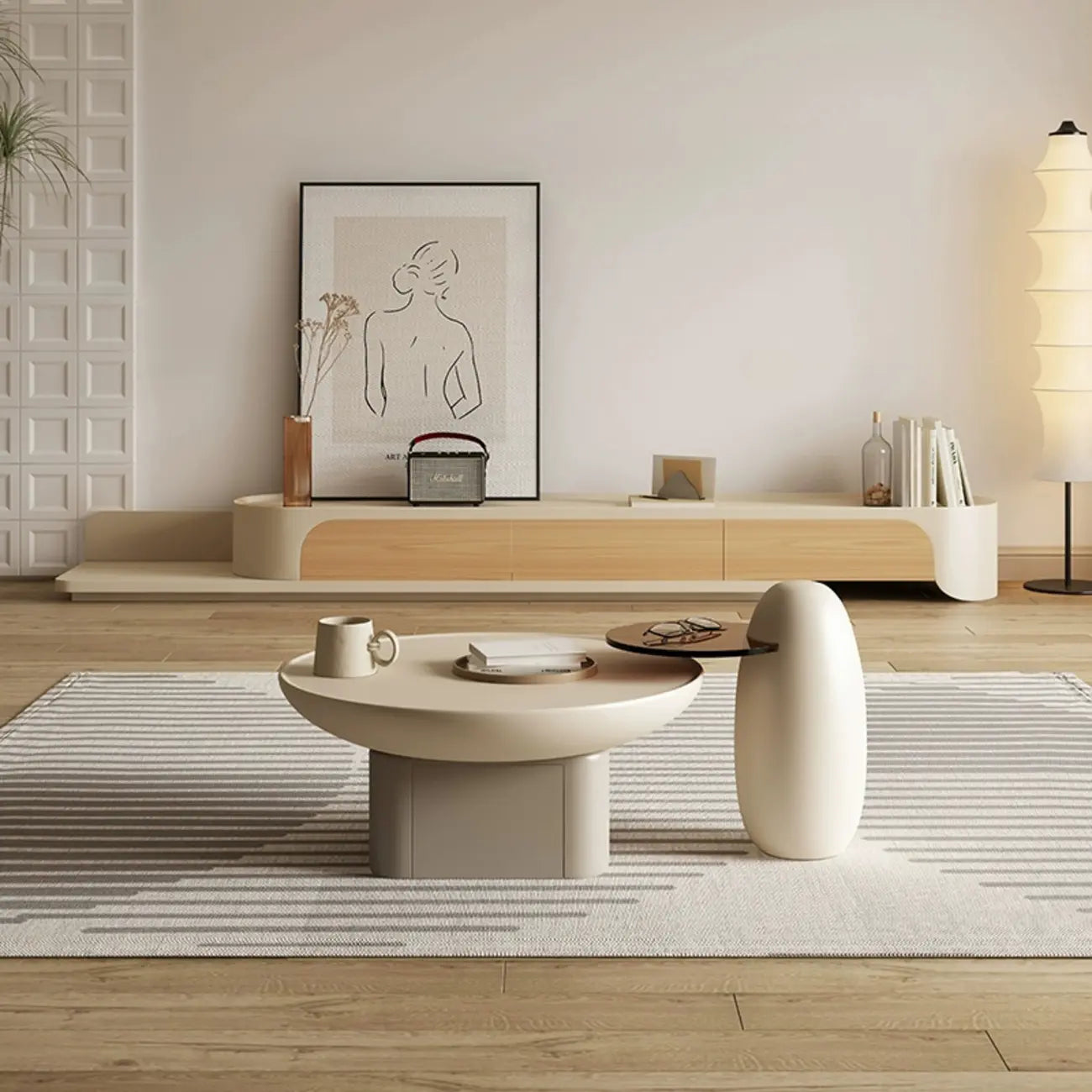 Meuble TV minimaliste en bois blanc avec rangement pour salon