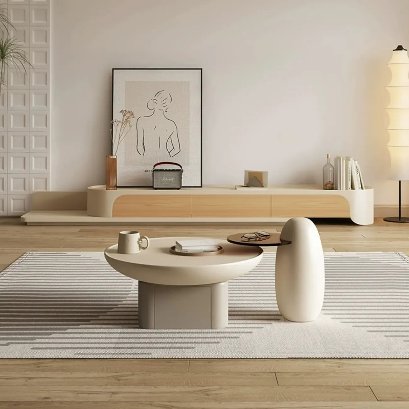 Meuble TV minimaliste en bois blanc avec rangement pour salon