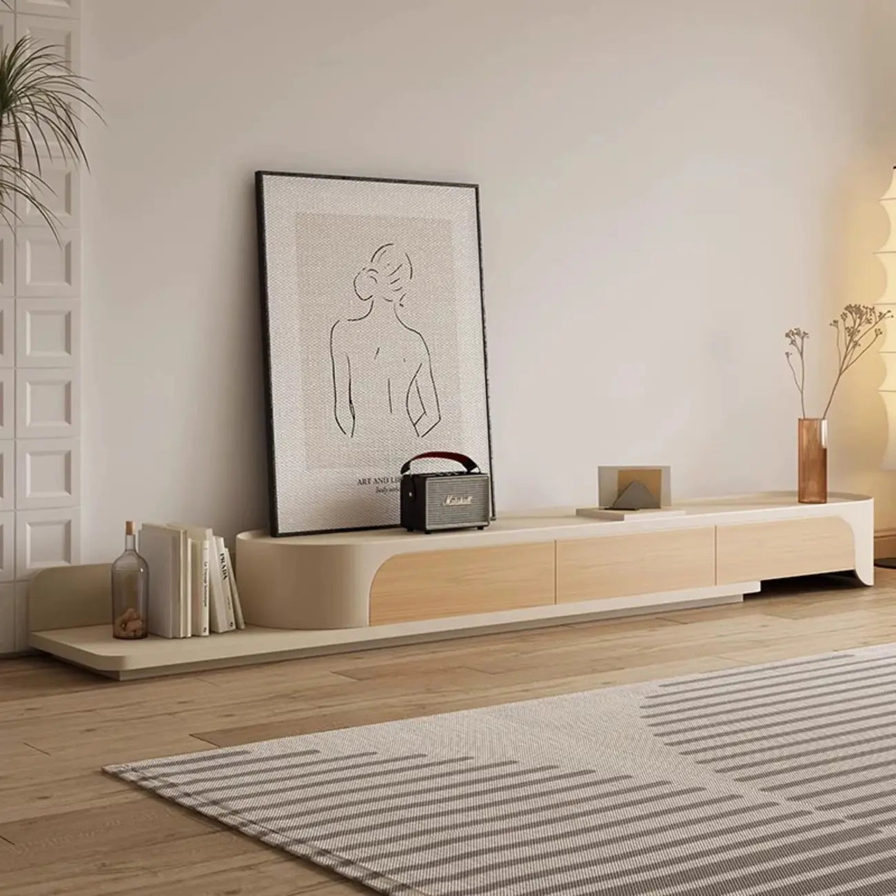 Meuble TV minimaliste en bois blanc avec rangement pour salon