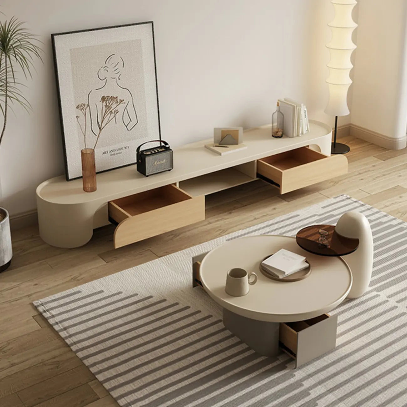 Meuble TV minimaliste en bois blanc avec rangement pour salon