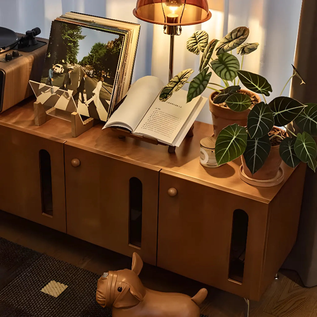 Meuble TV rectangulaire en bois brun avec pieds en métal pour salon