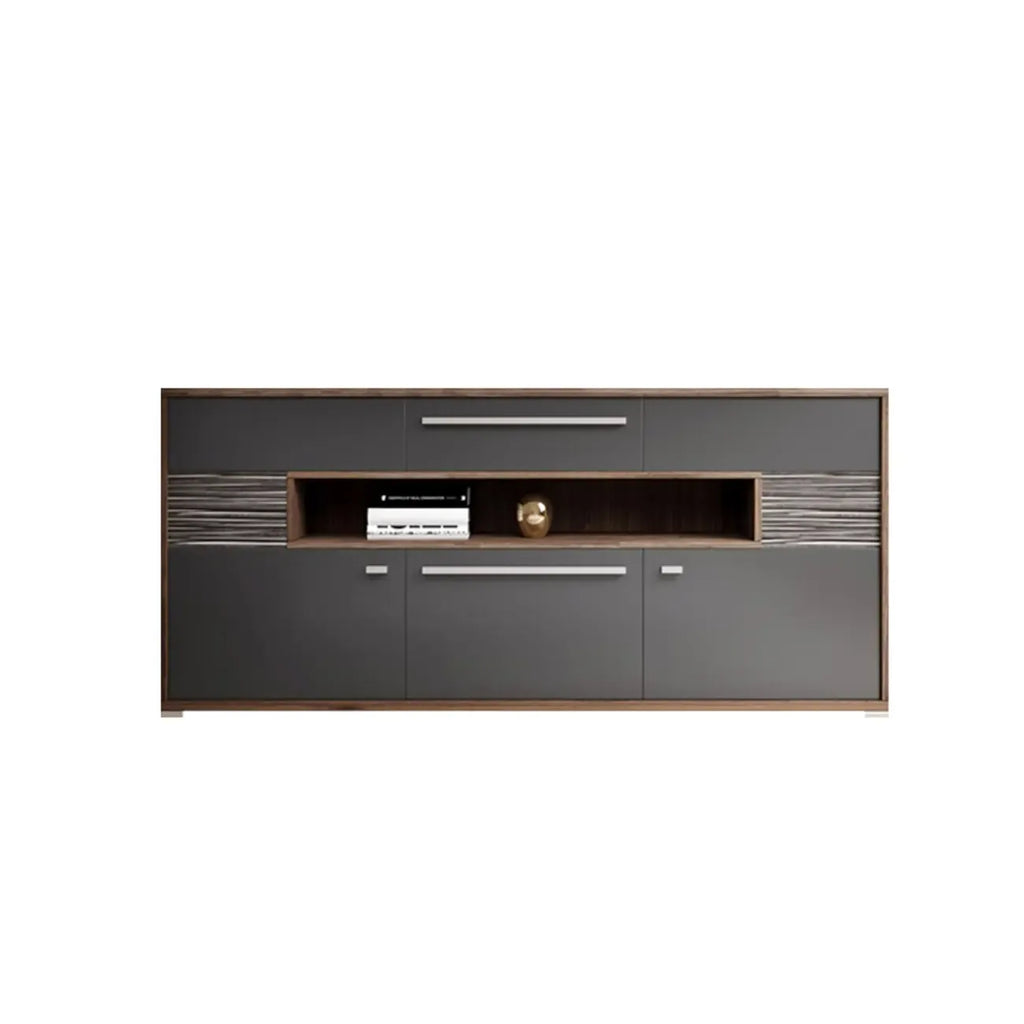 Meuble TV rectangulaire en bois gris avec rangement intégré pour chambre à coucher