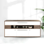 Meuble TV rectangulaire en bois gris avec rangement intégré pour chambre à coucher
