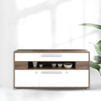 Meuble TV rectangulaire en bois gris avec rangement intégré pour chambre à coucher