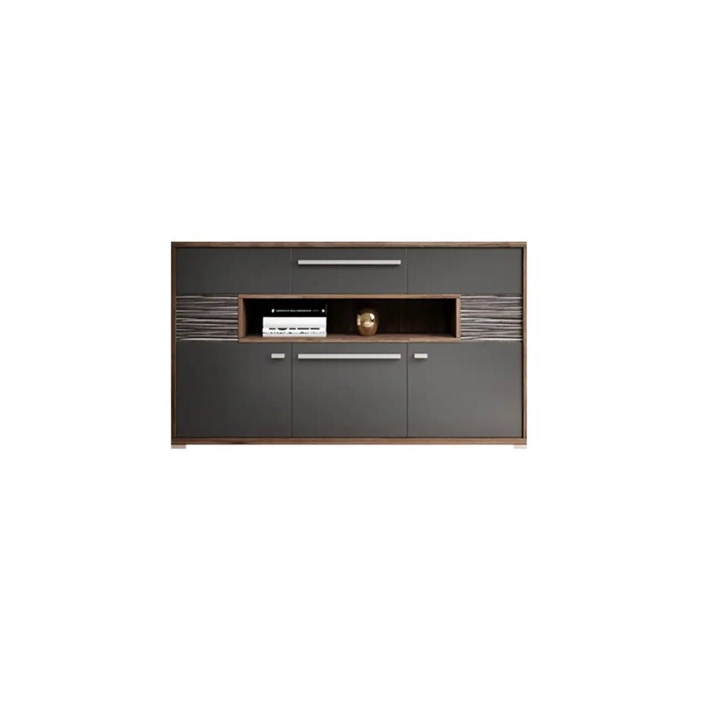 Meuble TV rectangulaire en bois gris avec rangement intégré pour chambre à coucher