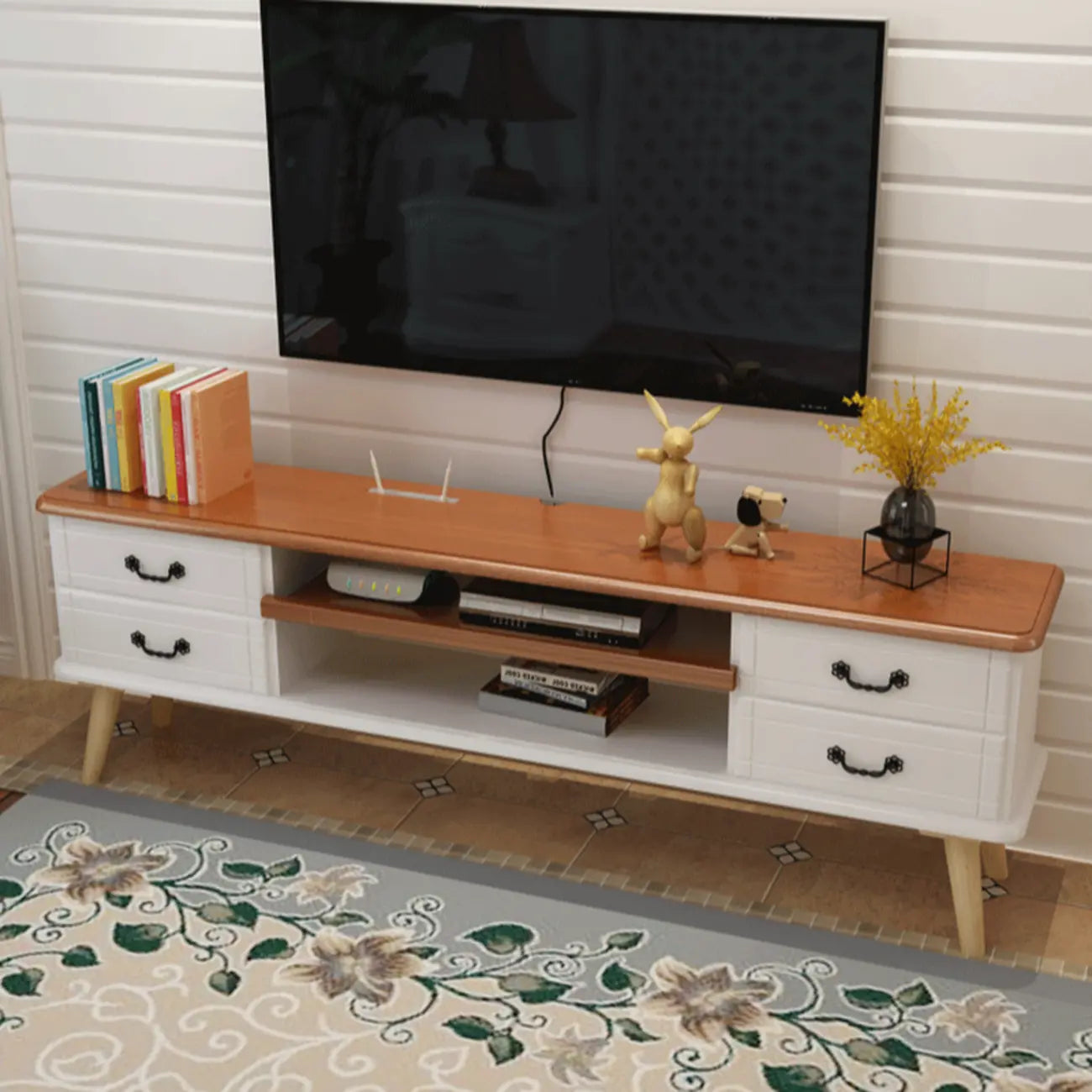 Meuble TV en bois brun et blanc avec gestion des câbles pour salon