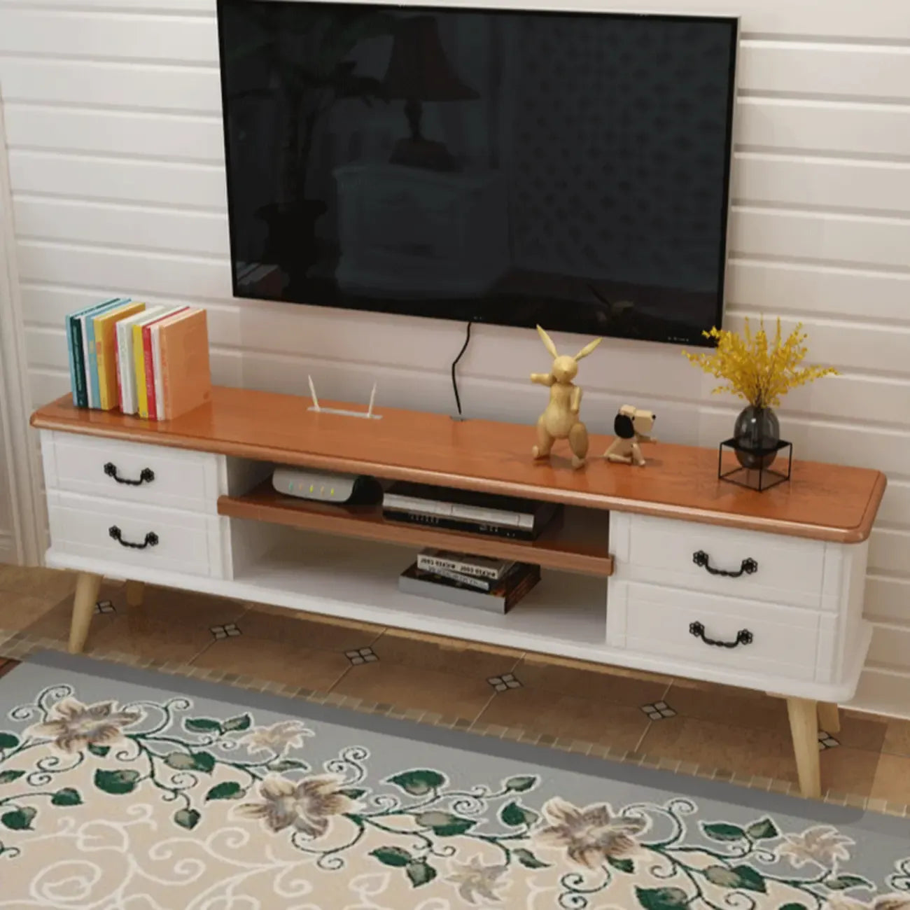 Meuble TV en bois brun et blanc avec gestion des câbles pour salon
