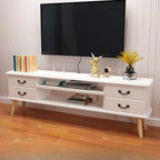 Meuble TV en bois brun et blanc avec gestion des câbles pour salon